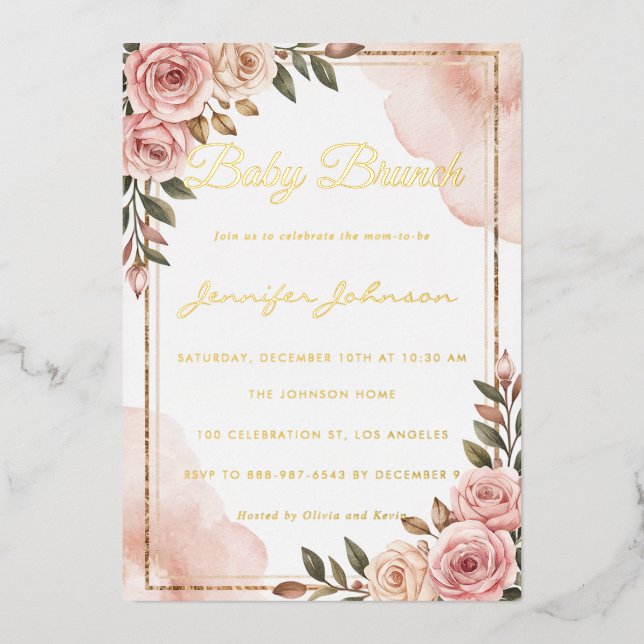 Invitación Con Relieve Metalizado Bonito Acuarela Flores Bebé Brunch (Anverso)