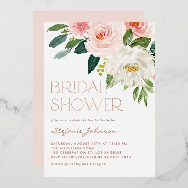 Invitación Con Relieve Metalizado Bonito acuarela Flores Jardín Ducha Bridal (Anverso/Reverso)