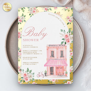 Invitación Con Relieve Metalizado Bonjour Bebe French Pink Parisian Cafe Baby Shower