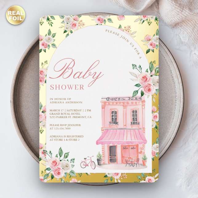 Invitación Con Relieve Metalizado Bonjour Bebe French Pink Parisian Cafe Baby Shower (Subido por el creador)