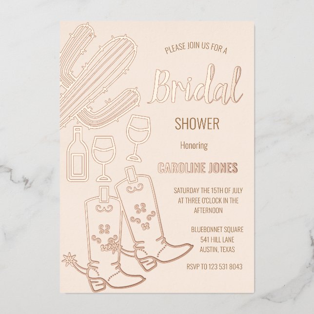 Invitación Con Relieve Metalizado Boots occidentales Bubbly Boho Relieve metalizado  (Anverso)