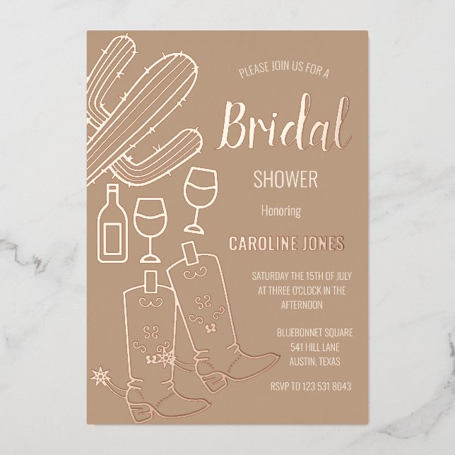 Invitación Con Relieve Metalizado Boots occidentales Bubbly Boho Relieve metalizado  (Anverso)