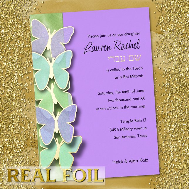 Invitación Con Relieve Metalizado Borde de mariposa verde y púrpura en Mitzvah (Subido por el creador)