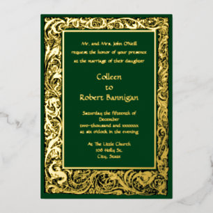 Invitación Con Relieve Metalizado Borde de pájaros y follaje floral Art Nouveau
