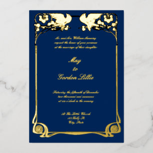 Invitación Con Relieve Metalizado Borde de palomas Art Nouveau vintage