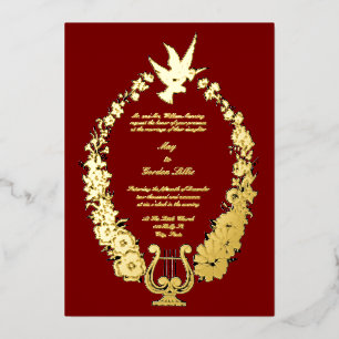Invitación Con Relieve Metalizado Borde de palomas flores y arpa vintage elegante or