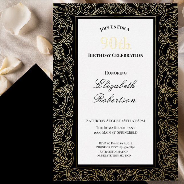 Invitación Con Relieve Metalizado Borde dorado elegante cumpleaños 90 mujer (Subido por el creador)