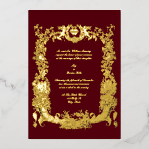 Invitación Con Relieve Metalizado Borde dorado vintage barroco rococó con corazones