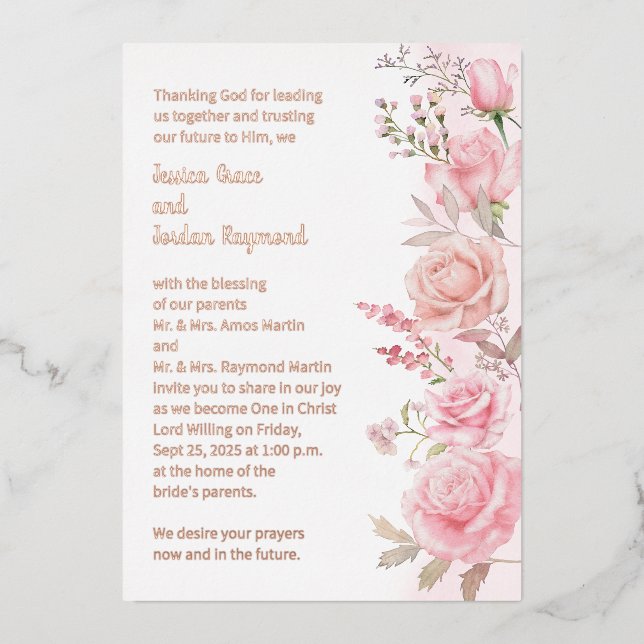 Invitación Con Relieve Metalizado Borde floral acuarela rosa boda oro rosa (Anverso)