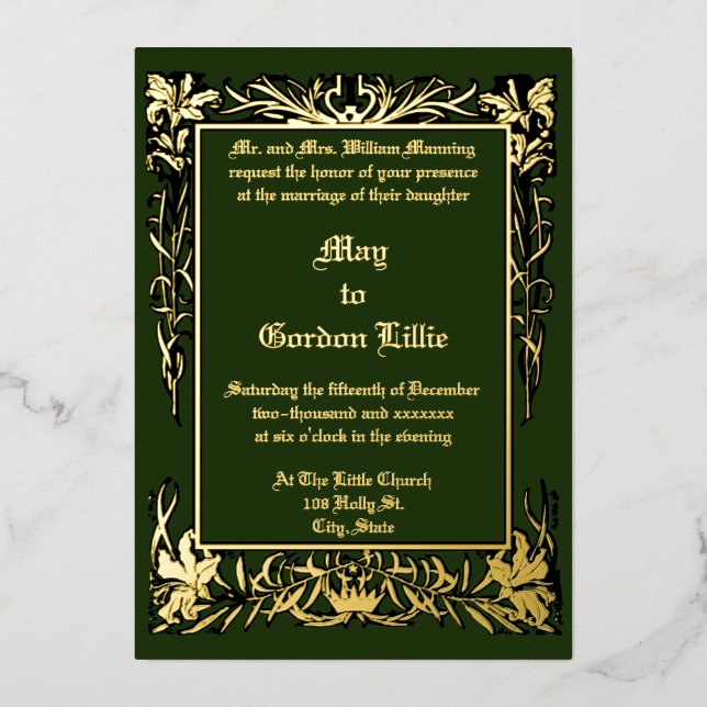 Invitación Con Relieve Metalizado Borde floral Art Nouveau de H. Nelson Boda (Anverso)