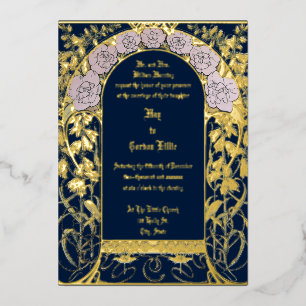 Invitación Con Relieve Metalizado Borde floral rosa Art Nouveau por Alphonse Mucha