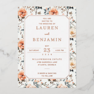 Invitación Con Relieve Metalizado Borde Floral Vintage Romántico de Melocotón