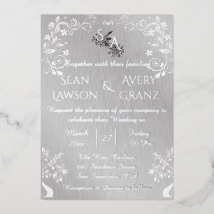 Invitación Con Relieve Metalizado Borde Ornamental Vintage Plata de Hoja de Plata