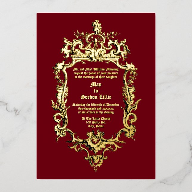 Invitación Con Relieve Metalizado Borde Rocalla Dragón Barroco Rococó Siglo XVIII (Anverso)