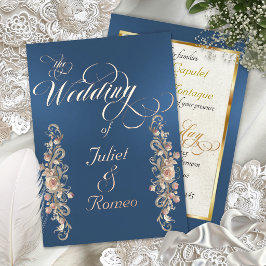 Invitación Con Relieve Metalizado Bordes de Arco de Rosa y Caligrafía - Azul