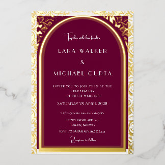 Invitación Con Relieve Metalizado Borgoña + Boda blanco (retro-puntado)