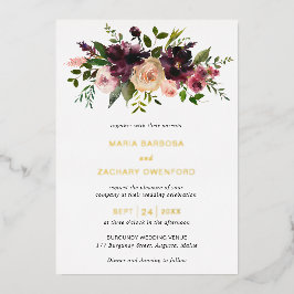 Invitación Con Relieve Metalizado Borgoña Caída Floral Elegante Boda