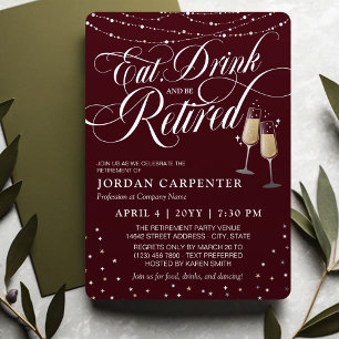 Invitación Con Relieve Metalizado Borgoña Comer Beber Estar Retirado Fiesta de Jubil