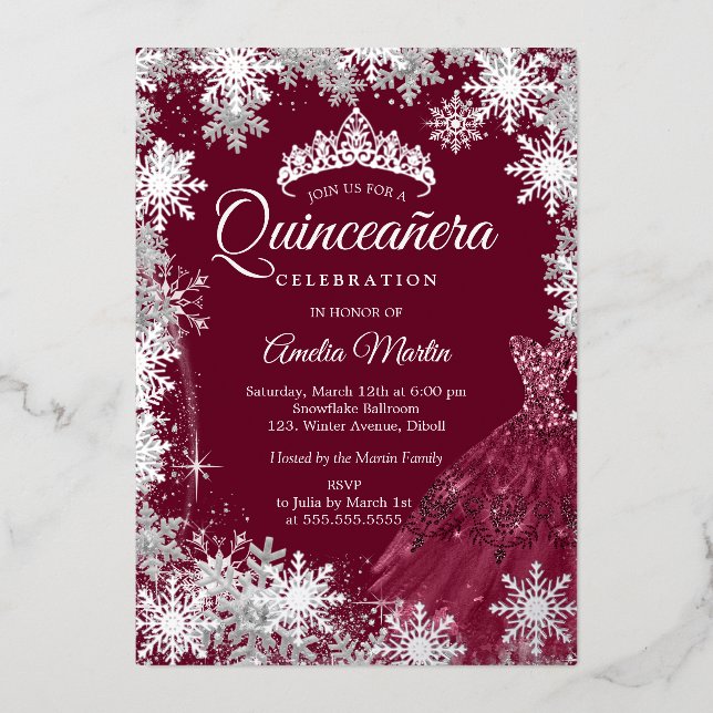 Invitación Con Relieve Metalizado Borgoña elegante copo de nieve Quinceanera (Anverso)