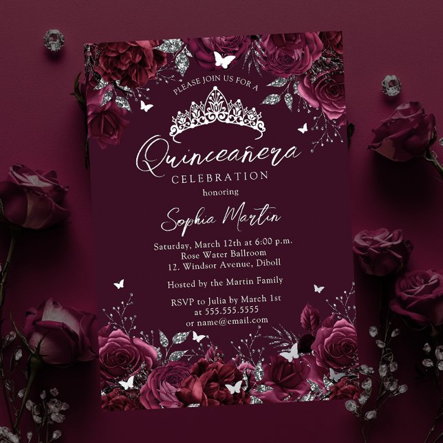 Invitación Con Relieve Metalizado Borgoña Encantadora Mariposa Floral Quinceanera (Subido por el creador)