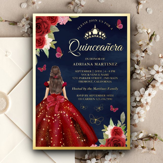 Invitación Con Relieve Metalizado Borgoña Floral Mariposa Marina Quinceanera Gold (Subido por el creador)