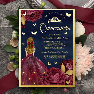Invitación Con Relieve Metalizado Borgoña Floral Mariposa Marina Quinceanera Gold