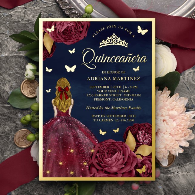 Invitación Con Relieve Metalizado Borgoña Floral Mariposa Marina Quinceanera Gold (Subido por el creador)