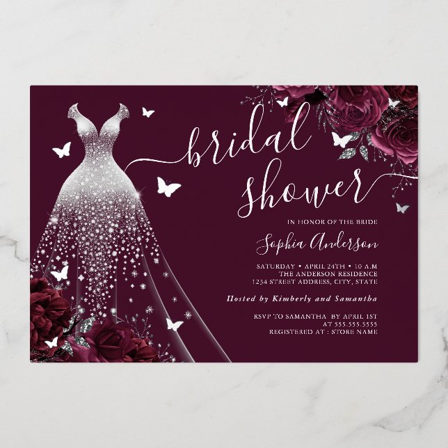 Invitación Con Relieve Metalizado Borgoña Floral Mariposa Vestido Británica Ducha (Anverso)