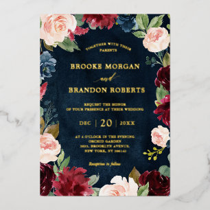 Invitación Con Relieve Metalizado Borgona Floral Oro Azul Marino Rústico Foil para B