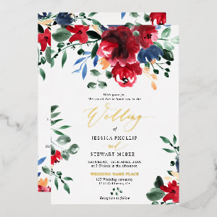 Invitación Con Relieve Metalizado Borgoña floral todo en un boda de caligrafía