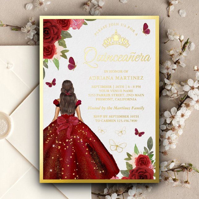 Invitación Con Relieve Metalizado Borgoña Floral Vestido mariposa Quinceanera Gold (Subido por el creador)