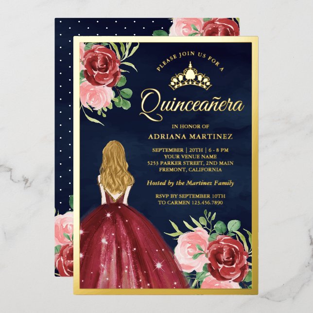 Invitación Con Relieve Metalizado Borgoña Floral Vestido Naval Azul Quinceanera Oro (Anverso/Reverso)