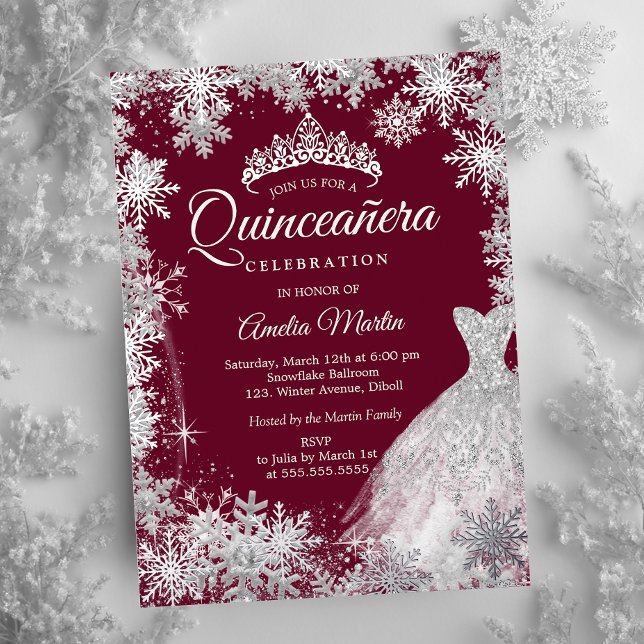 Invitación Con Relieve Metalizado Borgoña Invierno Vestido de Snowflake Quinceanera (Subido por el creador)