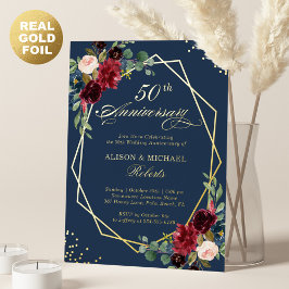 Invitación Con Relieve Metalizado Borgoña Marino Floral Geométrico Boda Aniversario
