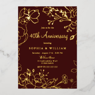 Invitación Con Relieve Metalizado Borgoña Red Gold Floral 40º aniversario Boda