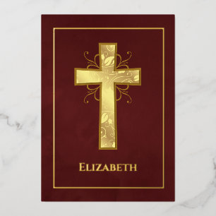 Invitación Con Relieve Metalizado Borgoña y bautismo de oro o cristianismo filigés