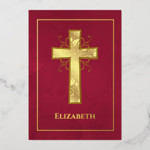 Invitación Con Relieve Metalizado Borgoña y bautismo de oro o cristianismo filigés