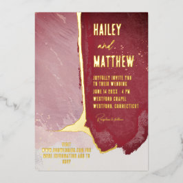 Invitación Con Relieve Metalizado Borgoña y Boda de acuarela rosa y turbia