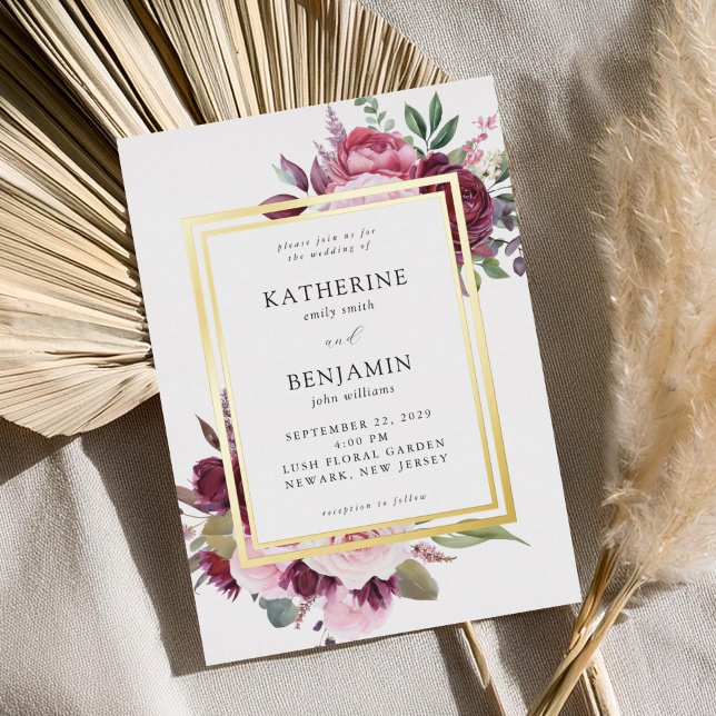 Invitación Con Relieve Metalizado Borgoña y Boda floral elegante rosa (Subido por el creador)