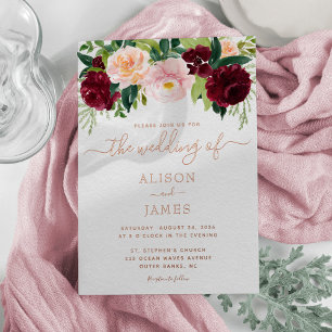Invitación Con Relieve Metalizado Borgona y Floral Rosa Desposada Dorado Rosa