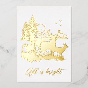 Invitación Con Relieve Metalizado Bosque de oro ciervo noche fiesta de Navidad real