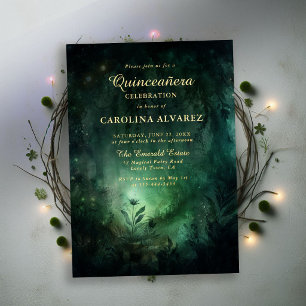 Invitación Con Relieve Metalizado Bosque Encantado Esmeralda Oro Quinceañera Elegant