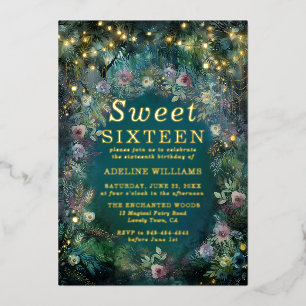 Invitación Con Relieve Metalizado Bosque Encantado Rosa Hada Dorada Mágica Dulces 16