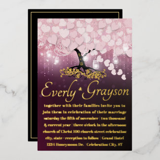 Invitación Con Relieve Metalizado Bosque Encantado Rosa Rubor Corazón Hoja Árbol Oro