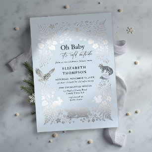 Invitación Con Relieve Metalizado Bosque Forest Frío Fuera Ducha de Bebé de Invierno
