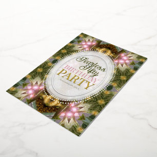 Invitación Con Relieve Metalizado Bosque Magia Verde Oro Rosa Fiesta