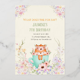 Invitación Con Relieve Metalizado Bosque Mágico de Zorro Acogedor Cumpleaños Floral 
