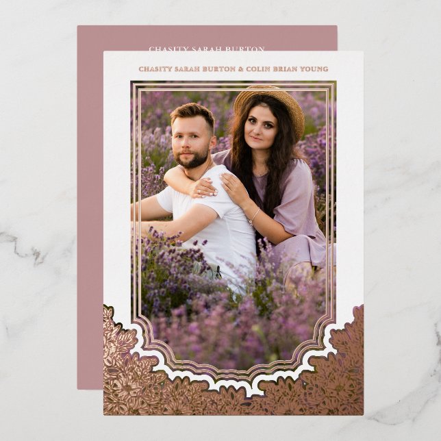 Invitación Con Relieve Metalizado Botanical Frame Photo Wedding Flower & Branches (Anverso/Reverso)