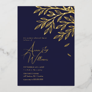 Invitación Con Relieve Metalizado Botanical Gold Leaf Navy Cena de Ensayo