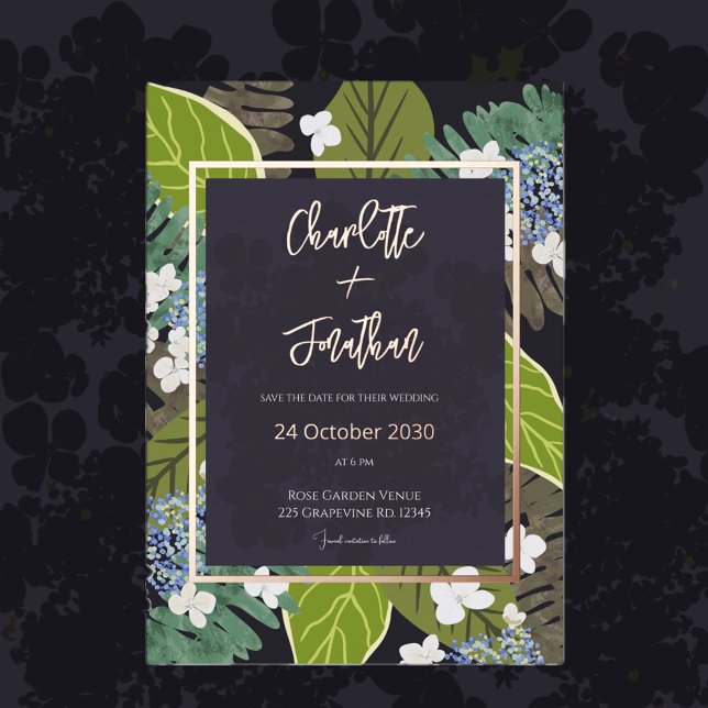 Invitación Con Relieve Metalizado Botanical Leaf and Hydrangea Petals Save The Date (Subido por el creador)